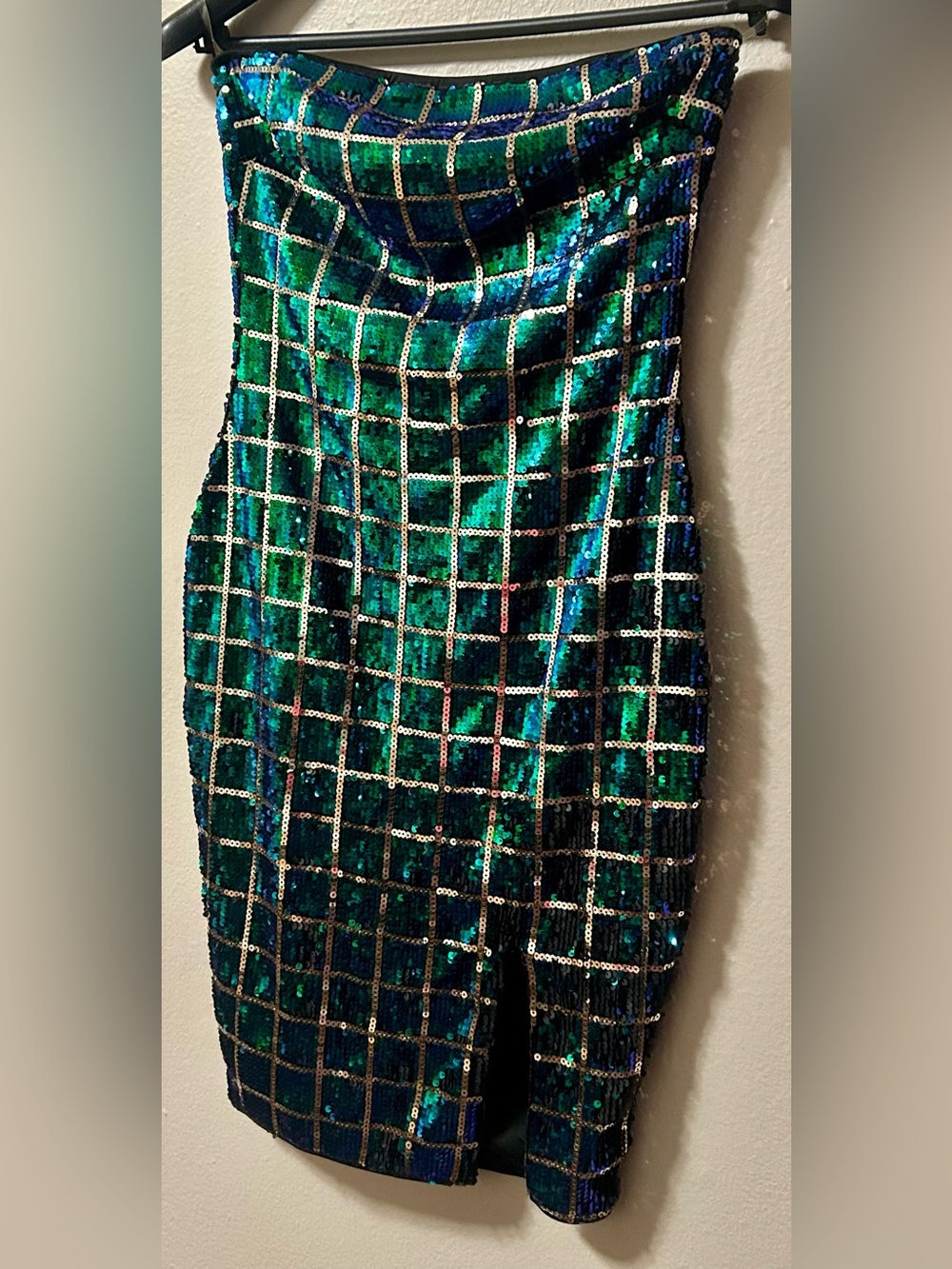 NWT Privy Privately Privileged Sequin Plaid Strapless Mini Dress Medium Green Bl